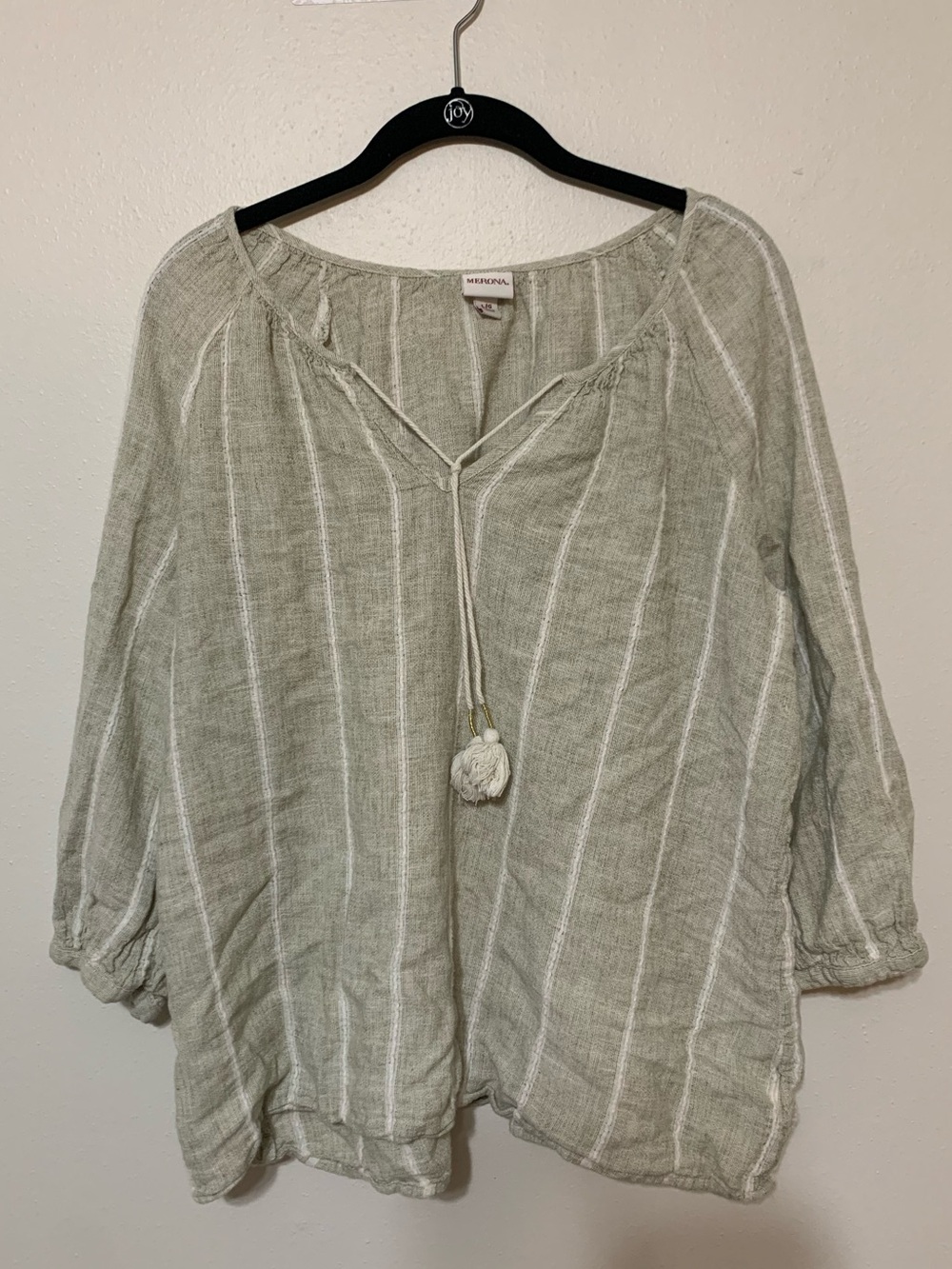 Merona Light Olive Green Cream Tassel Balloon Sleeve Peasant Top Women’s Large